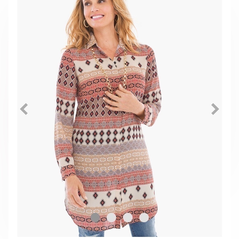 NWT CHICO’S Exquisite Patterns Tunic Shirt Lightweight Button Aztec Print 3 XL